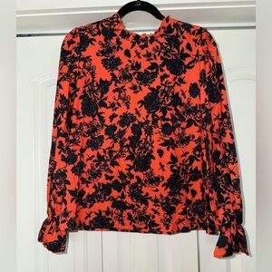 SHEIN Coral Orange Blouse with Black Floral Print